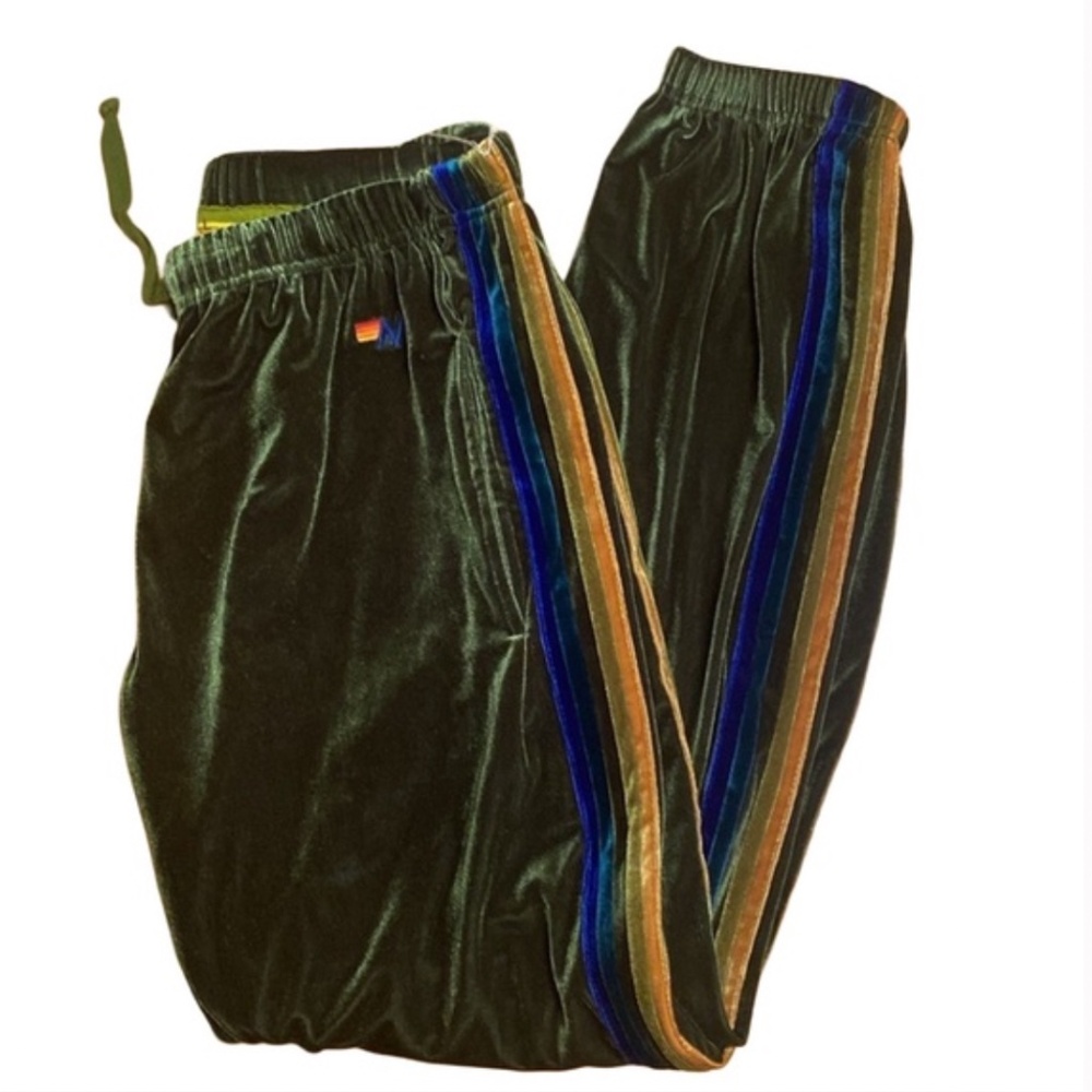 Aviator Nation Classic Velvet Velour Side Stripes Olive Green Joggers Size Small